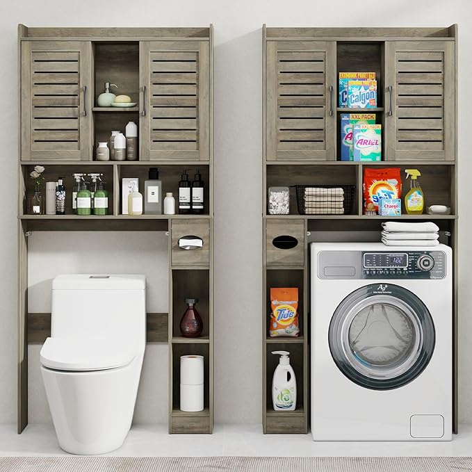 Over The Toilet Storage Cabinet, Farmhouse Storage Cabinet Over Toilet with 2 Louvered Door，Home Space-Saving Toilet Rack, for Restroom, Laundry， Bathroom