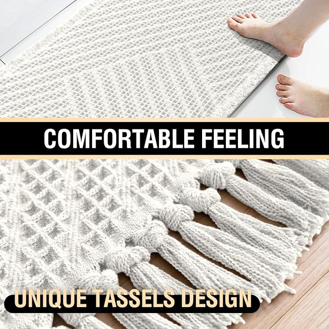 H.VERSAILTEX Waffle Bath Mat Super Absorbent Boho Bath Mat Non Slip Bath Rugs for Bathroom Floor Machine Washable Dry Fast Bathroom Rugs with Tassels, 20" x 32", Ivory White