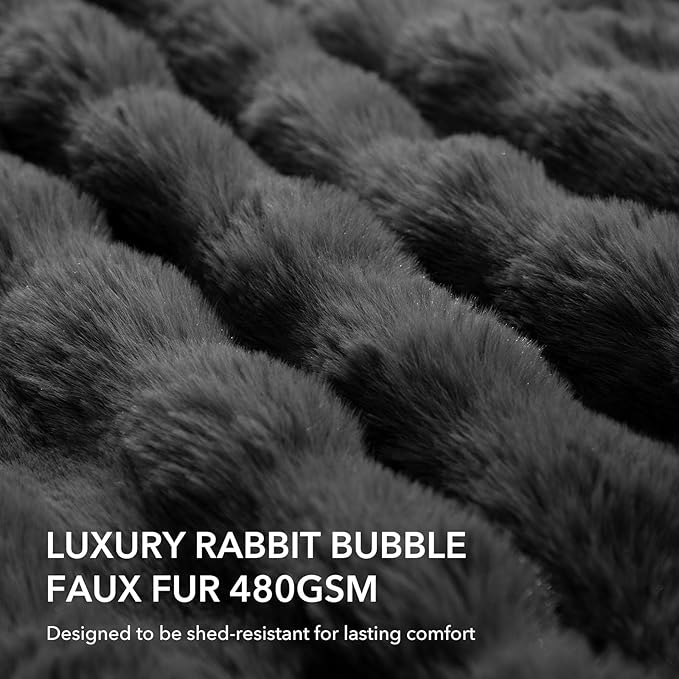 Faux Rabbit Fur Bubble Heated Blanket Queen Size Dark Grey - Fluffy Thick Electric Blanket with Dual Control, 6 Heating Levels & 10 Timer Settings, Overheat Protection, Home Decor (84" x 90")