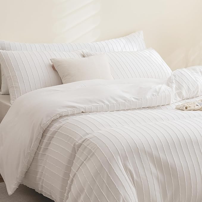 JELLYMONI Duvet Cover Queen Size White - 3PCS Boho Striped Duvet Cover Set Polyester Tufted Bohemian Textured Comforter Cover 90×90in with Corner Ties & Zipper and 2 Pillowcases