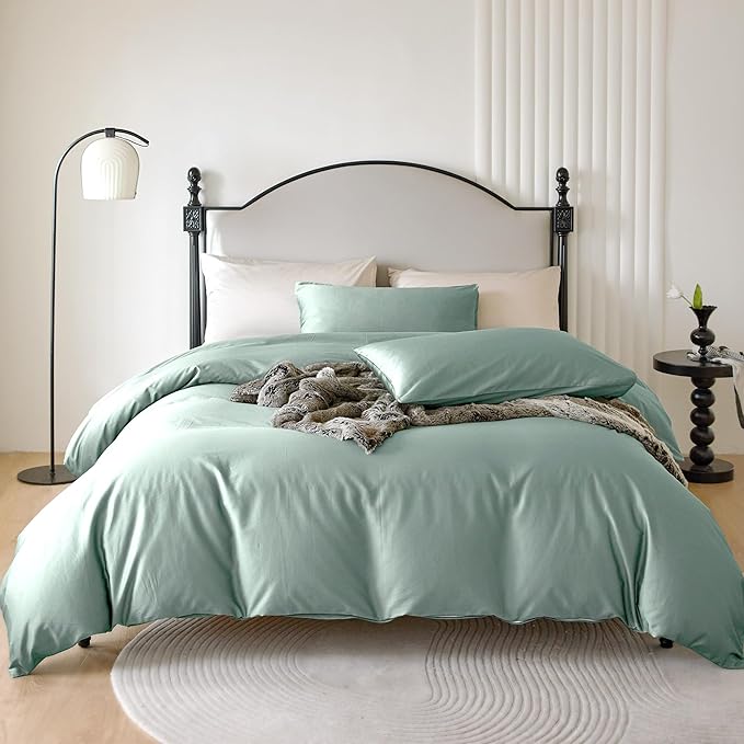 PURE ERA Duvet Cover Set 800 Thread Count Long Staple Cotton Sateen Silky Soft Luxurious Smooth 3 Piece Set Sage Green Cal King