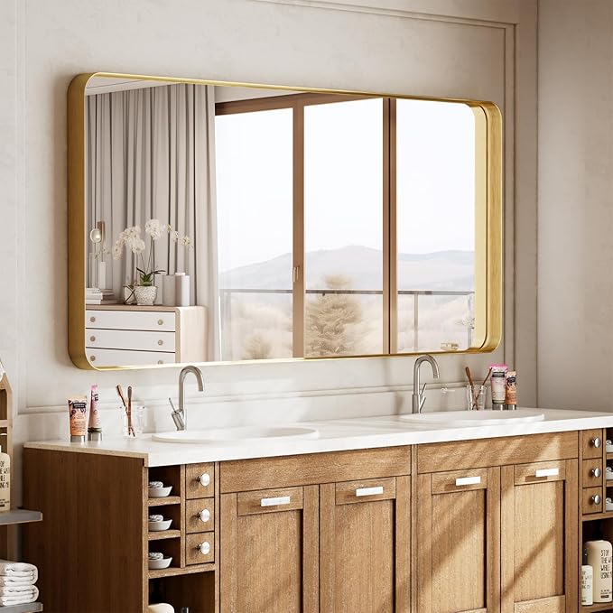 VooBang Bathroom Mirror 30x56 inch, Golg Gorgeous Deep Frame Wall Mirror with Shatterproof Tempered Glass, Modern Bathroom Vanity Mirror for Over Sink Hanging Horizontal or Vertical, Gold