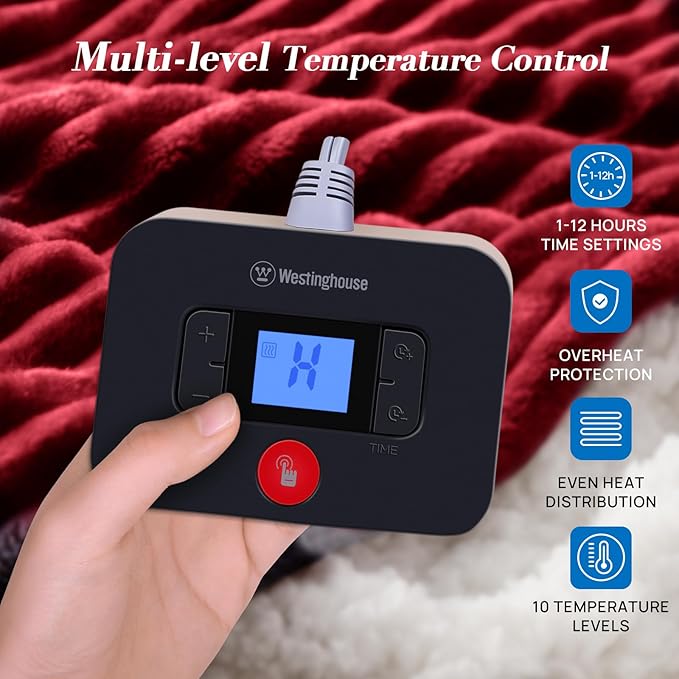 Westinghouse Queen Size Electric Blanket, Flannel to Sherpa Reversible, Heated Blanket Queen with Dual Control 10 Heating Settings & 1-12 Hours Auto Shut Off, Machine Washable, (84" x 90", Red)
