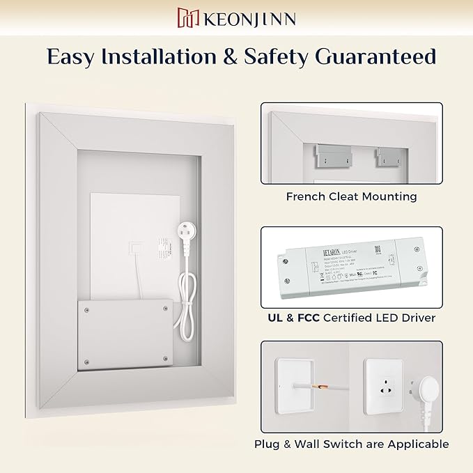 Keonjinn LED Bathroom Mirror 84 ” x 32 ” with Frontlit & Backlit, Lighted Mirror for Bathroom Wall with Dimmable 3-Color Lights, Large Anti-Fog Mirror, HD Tempered Glass, UL-Listed LED Driver
