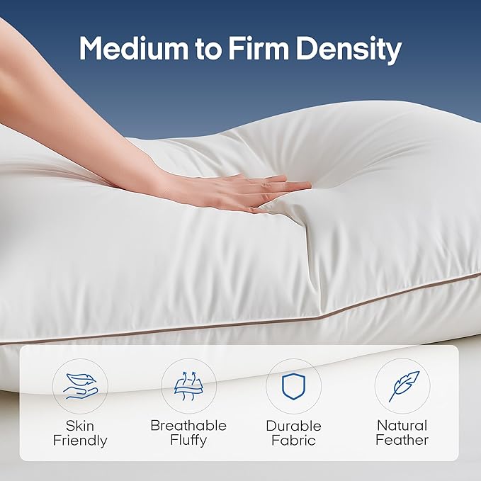 puredown® Goose Feathers and Down Pillows, Premium Medium to Firm Bed Pillows for Sleeping, Luxury Pillows with 100% Cotton Cover, 2 Pack, King Size, 20x36 Inches