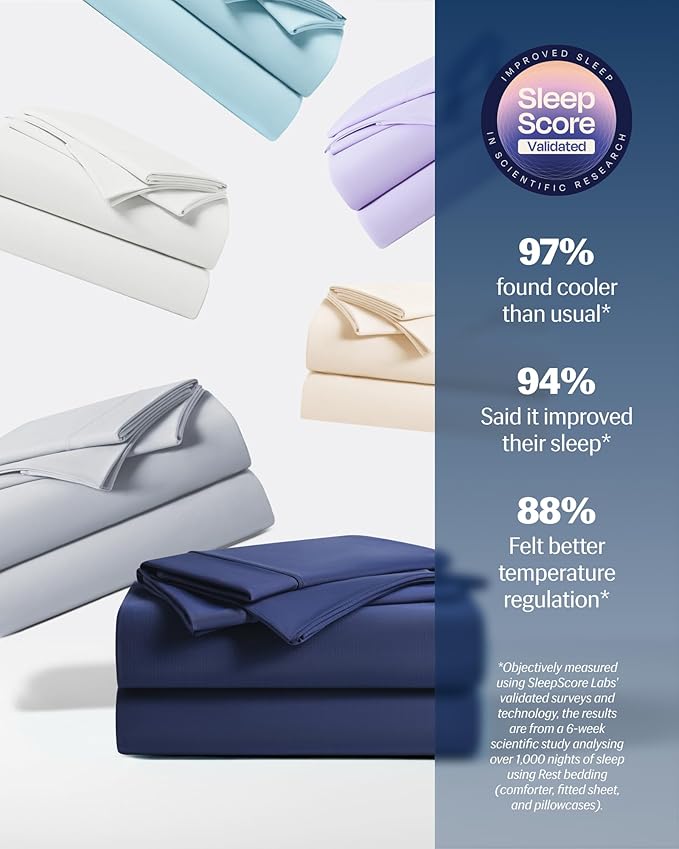 REST® Evercool®+ Starter Sheet Set, Queen, Blue, Breathable Bed Sheets for Hot Sleeper and Night Sweats, with Pillowcases, with Ionic+ Self-Cleaning Silver Yarn for Sensitive Skin, 3PCS No Flat Sheet