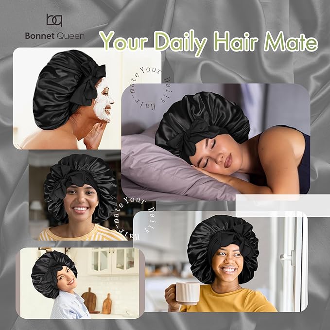 BONNET QUEEN Silk Bonnet for Sleeping Satin Bonnet Hair Bonnets Large Bonnets Hair Wrap Sleep Cap with Tie Band for Women Curly Hair Braids Locs Black