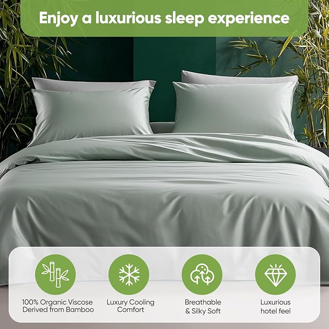 TWK Luxury Sheet Set, Genuine 100% Viscose Derived from Bamboo, Cooling & Breathable, Silky Soft, Bedding Sheets & Pillowcases (Sea Glass, Queen)