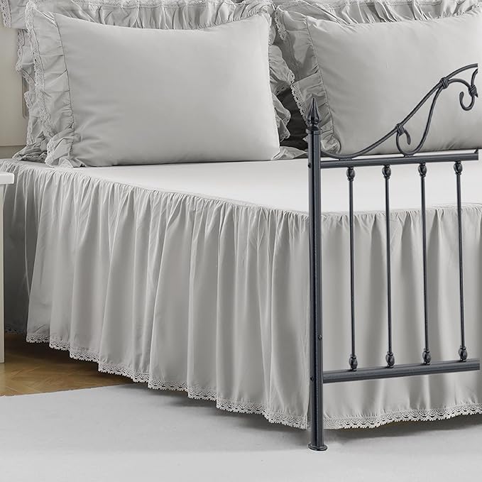 Queen Size 18 inch Drop Light Grey Dust Ruffle, Crochet Edge Lace, Lightweight 100% Cotton, French Coutry Style Ruffled Bed Skirt with Split Corners