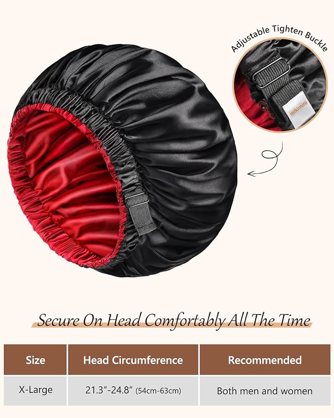 mikimini Satin Bonnet for Men and Women, Reversible Double Layer Sleeping Bonnet for Hair Braids with Anti-slip Adjustable Elastic Band Super Soft (XL, Black/Red)