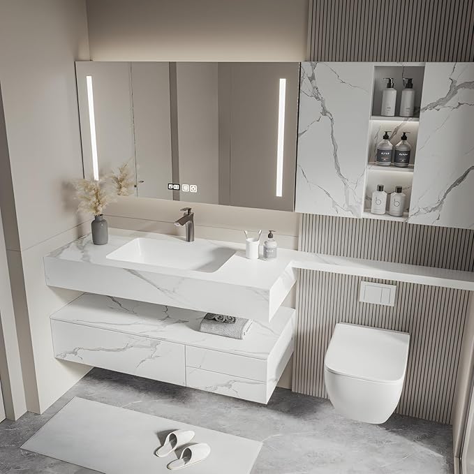 Floating Bathroom Vanity with Sink, Solid Wood Bathroom Vanity Set, Smart Defogging Mirror & Induction Side Cabinet & Large Storage - Elegant Bathroom Vanities (White,32IN)