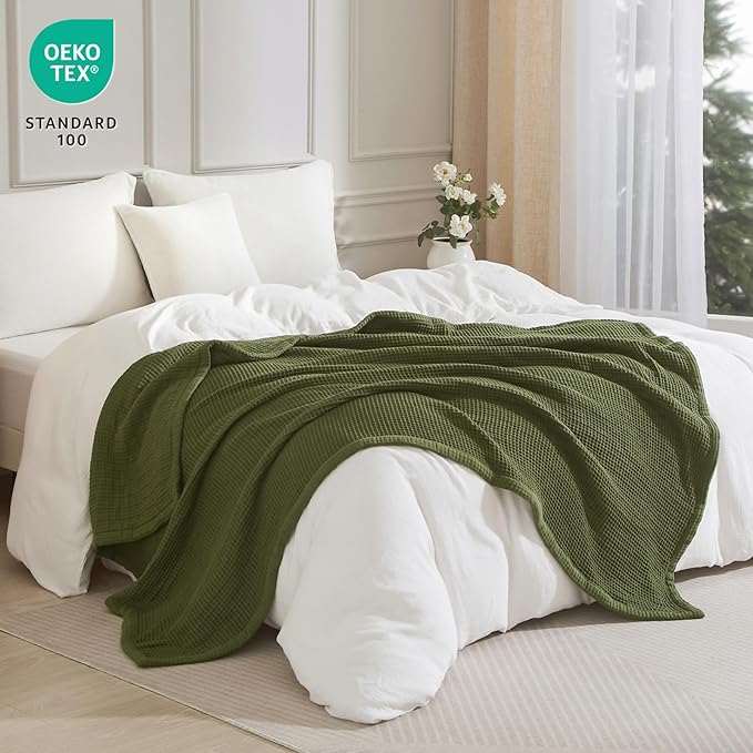 PHF 100% Cotton Waffle & Muslin Throw Blanket Large, Soft Breathable Luxury 400GSM Versatile Reversible Bedding for Couch, Great for Layering in Cold Weather, Home Decor Gift, 50" x 70", Olive Green