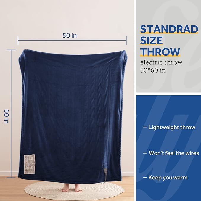 SEALY Electric Blanket Throw, Soft Flannel Heated Blanket with 6 Heat Settings & 2-10 Hours Auto Shut Off, Fast Heating & Machine Washable, 50x60 Inch, Navy