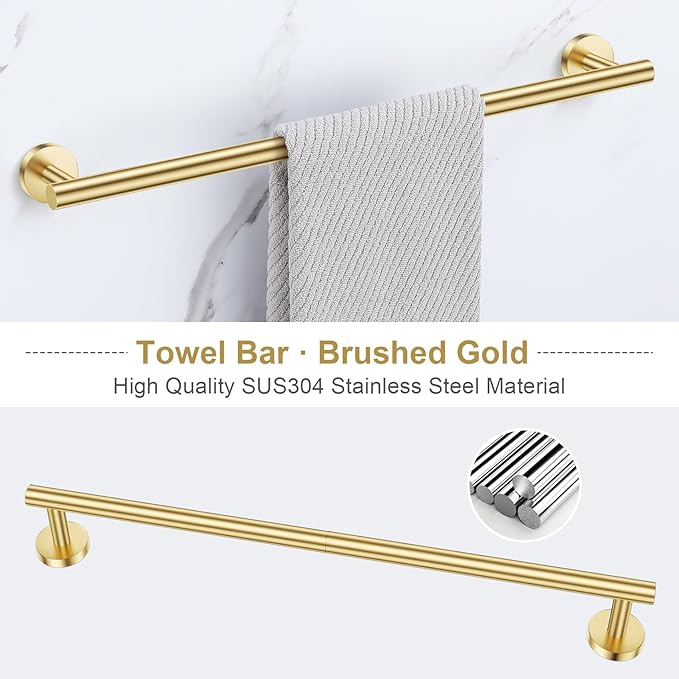 Lairuier 5 Pieces Brushed Gold Bathroom Accessories Set, 23.6 Inch Bath Towel Bar Set, SUS304 Stainless Steel Bathroom Hardware Set Round Toilet Paper Holder Set Wall Mounted