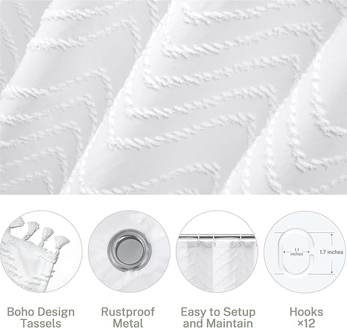 Stall Boho Woven Fabric Shower Curtain - White Tassel, 48 x 72, Modern Farmhouse Textured Tufted Chevron Striped Minimalist Bathroom Curtain