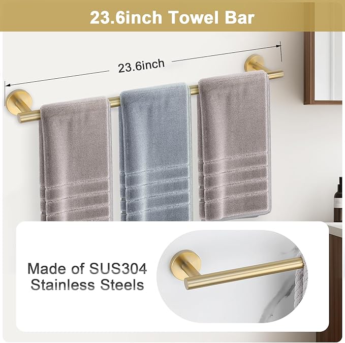 Brushed Gold Bathroom Hardware Set, 5 Pieces Gold Towel Bar Bathroom Accessories, Upgraded Toilet Paper Holder with Shelf Set, 23.6 Inch Towel Rack Towel Holder for Bathroom Wall