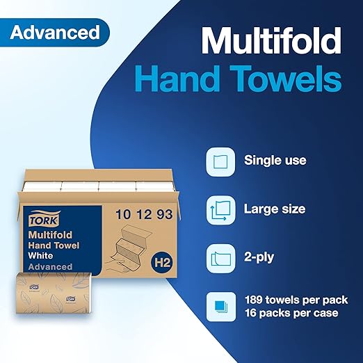 Tork Xpress Soft Multifold Hand Towel White with Grey Leaf Print, Absorbent, 189 Towels Per Pack, 16 Packs, Fits H2 Towel Dispensers