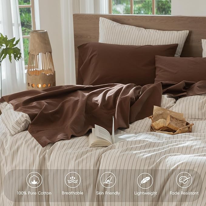 MooMee Bedding Sheet Set 100% Washed Cotton Linen Like Textured Breathable Durable Soft Comfy (Solid Cocoa Brown, Full)