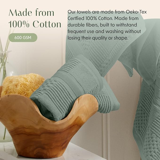 Springtree Home 100% Cotton Bath Towel Set of 4 | Green Bath Towels | Geometric Textured Design | Absorbent & Quick-Dry | 4 Bath Towels | Oeko-TEX® Standard 100 Cotton | Myla Collection - Lily Pad