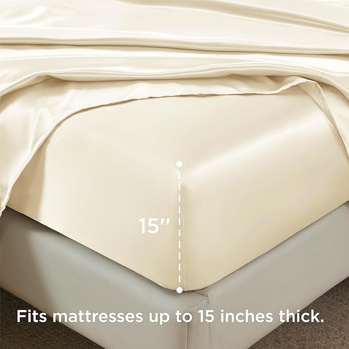 Bedsure Satin Sheets Full Size - 4 Piece Silky Bedsheets with 15 Inches Deep Pocket Fitted Bedsheet,1 Flat Sheet, 2 Satin Pillowcases, Good for Hair & Skin (Full, Cream)