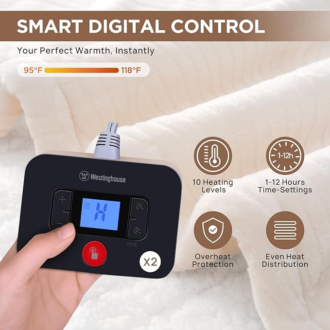 Westinghouse Electric Blanket King, Flower Jacquard Heated Blanket King Size with 10 Heating Levels and 1-12 Hours Auto-Off, Flannel to Sherpa Reversible, Machine Washable (90" x 100", Beige)
