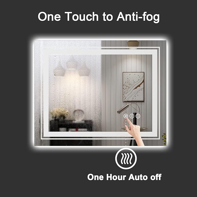 LED Bathroom Mirror, 55"x30" with Front and Backlit, Anti-Fog, Large Bathroom Vanity Mirror for Wall, Memory Function, Stepless Dimmable, Tempered Glass (Horizontal/Vertical)