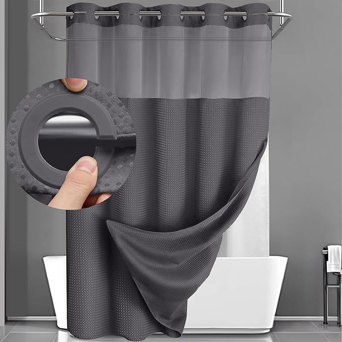 YellyHommy No Hook Shower Curtain with Snap in Liner Set Less Time Dark Grey Waffle Shower Curtain for Bathroom 75" L x 72" W