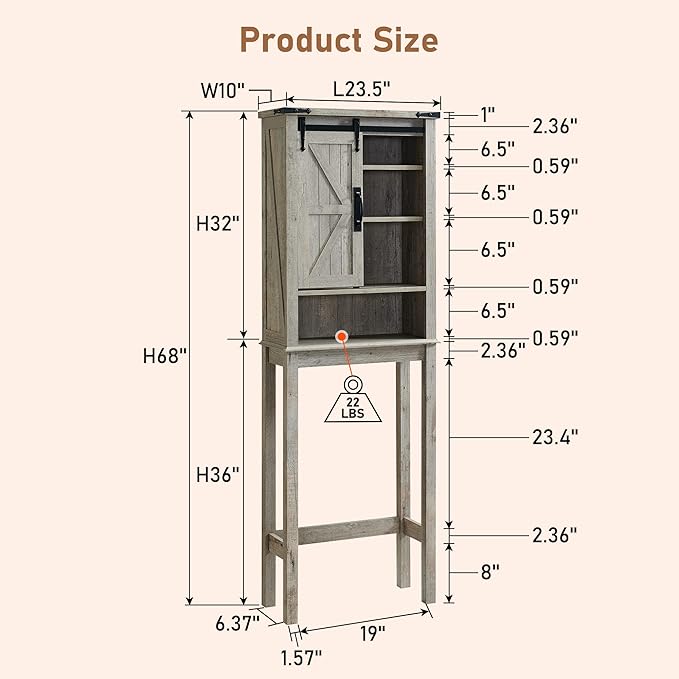 RedLemon Farmhouse Over The Toilet Storage Cabinet, 68" Tall with Sliding Barn Doors & Adjustable Shelves, Rustic Above Toilet Storage Cabinet, Light Rustic Oak