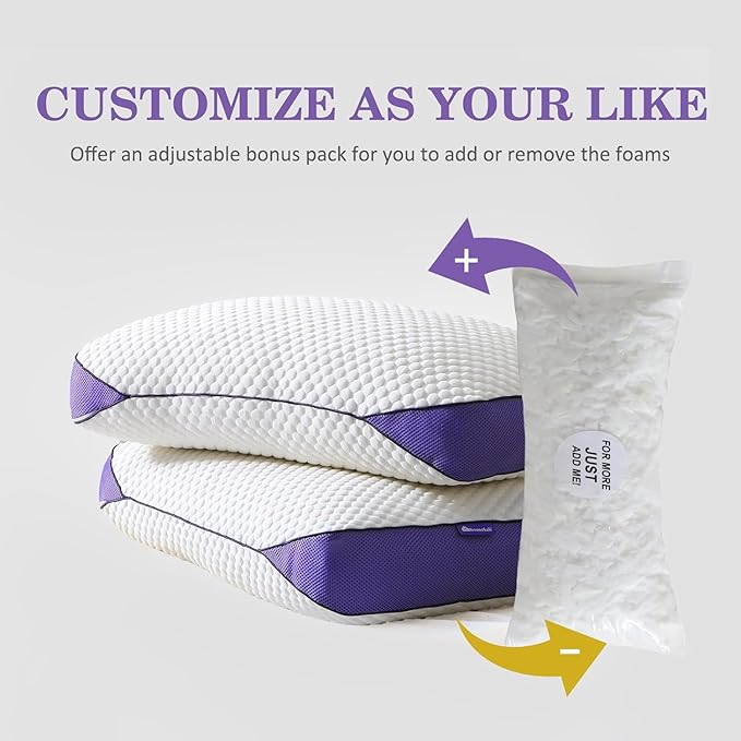 HOMELAB Adjustable Shredded Memory Foam Pillow King Size, Cooling Bed Pillow for Sleeping with Removable Cover, Medium Pillow for Side Stomach & Back Sleepers, 1 Pack 20"x34"