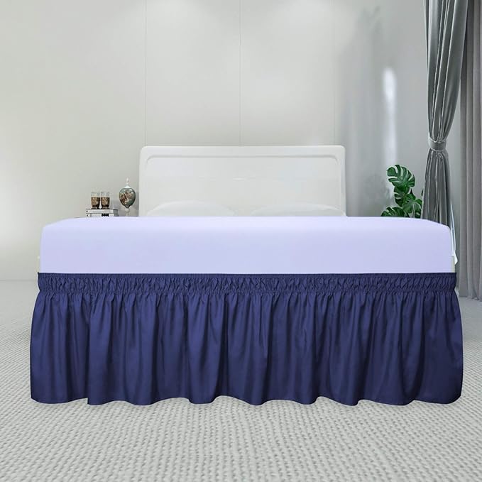 PureFit Wrap Around Ruffled Bed Skirt with Adjustable Elastic Belt - 22 Inch Drop Easy to Put On, Wrinkle Free Bedskirt Dust Ruffles, Bed Frame Cover for Queen, King and C-King Size Beds, Navy