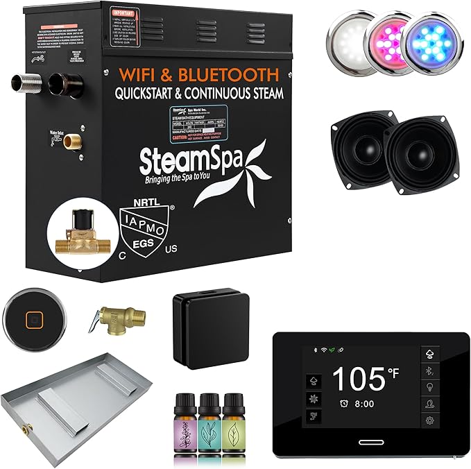 SteamSpa Steam System 9kW Steam Shower Generator with Bluetooth Wifi, Quickstart Continous Steam, Advanced Touch Pad Screen, Chroma Lights, Drain Pan and Auto Drain Black RVBS900BK-A