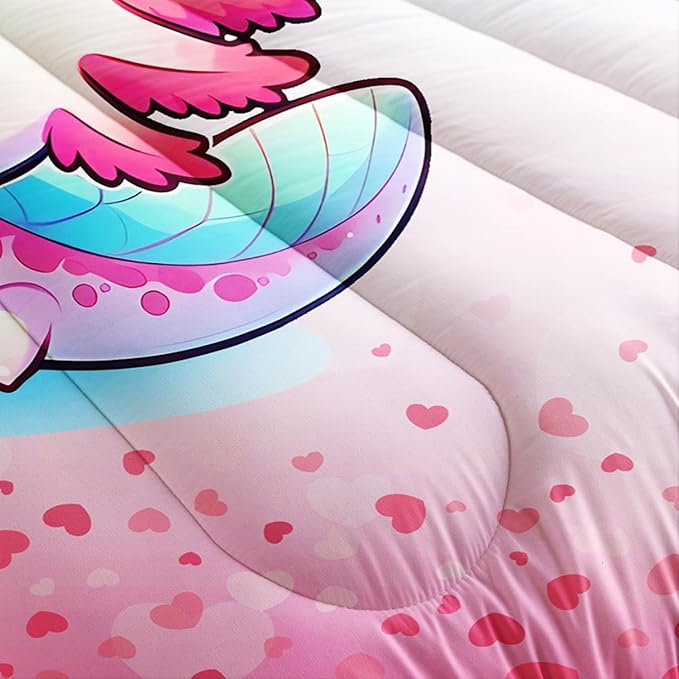 Cartoon Axolotl Comforter Kids Bedding Set,Cute Axolotl Flower Butterfly Bedding King Size for Toddler Girls Room Kawaii Decor,Pink Series Kids Comforter Sets with 2 Pillowcases.