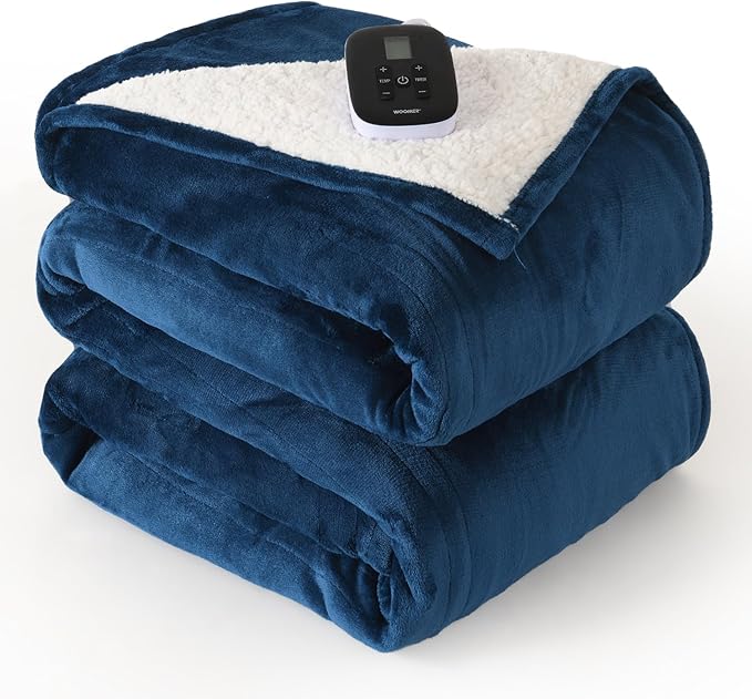 WOOMER Electric Blanket Twin Size,Durable Flannel and Soft Sherpa,Dual Control,62”×84” Heated Throw Blanket, 10 Heat Levels&0.5-12h auto-Off,Energy Efficient,ETL Certified