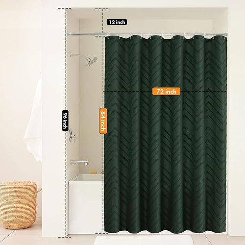 84inch Extra Long Dark Green Boho Shower Curtain Woven Fabric Shower Curtain Tufted Chervon Textured Shower Curtains Minimalist Shower Curtains for Bathroom