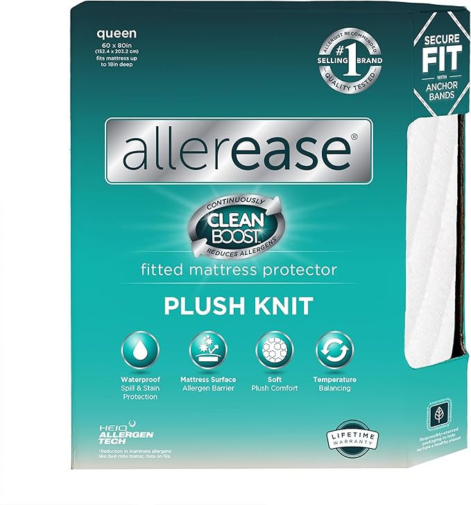 AllerEase CleanBoost Plush Knit Mattress Protector Waterproof Particle Barrier Temperature Balancing Soft Plush Comfort Machine Washable Fitted Cover with Elastic Anchor Bands Mattress Cover, Queen