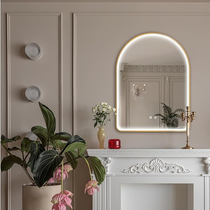 Niccy Arched LED Bathroom Mirror, 40"x30" Gold Framed Arch Wall Lighted Mirrors, Arching Frontlit Vanity-Mirror with Memory Function for Bathroom Bedroom, Defogger and 3 Color, Explosion-Proof