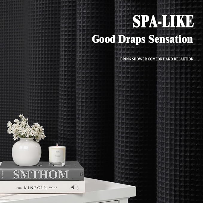 Extra Long Waffle Shower Curtain - Black Cotton Texture Fabric Heavyweight Shower Curtain for Bathroom,72Wx84L