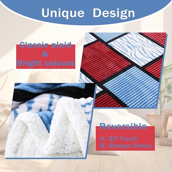 PU MEI Sherpa Blanket Fleece Throw Blanket Queen Plaid Thick Bed Blanket, Soft Warm Cozy Throw Blanket, 80”*90” Zebra-Wine Blue