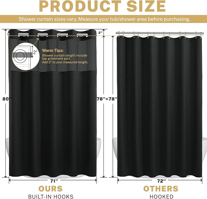 Long No Hook Shower Curtain with Snap in Liner, Polyester Textured Shower Curtain with Liner Set, Waterproof Washable Hotel Style Shower Curtains for Bathroom, 71Wx80H, Black