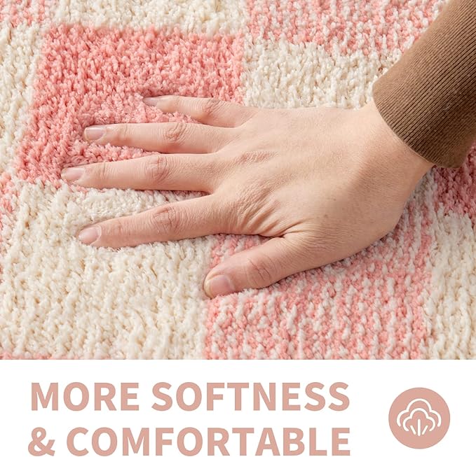 CozeCube Bath mats for Bathroom Non Slip, Fluffy Absorbent Microfiber Bath mat Washable, Aesthetic Bathroom Rugs, Long Blossom Pink Checkered Bath Runner, Blossom Pink, 59" x 24"