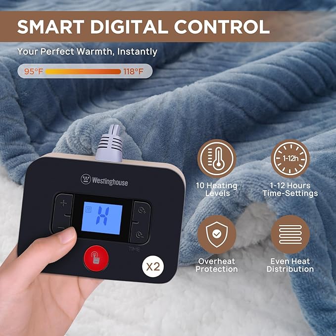Westinghouse Electric Blanket Queen, Flower Jacquard Heated Blanket Queen Size with 10 Heating Levels and 1-12 Hours Auto-Off, Flannel to Sherpa Reversible, Machine Washable (84" x 90", Blue)