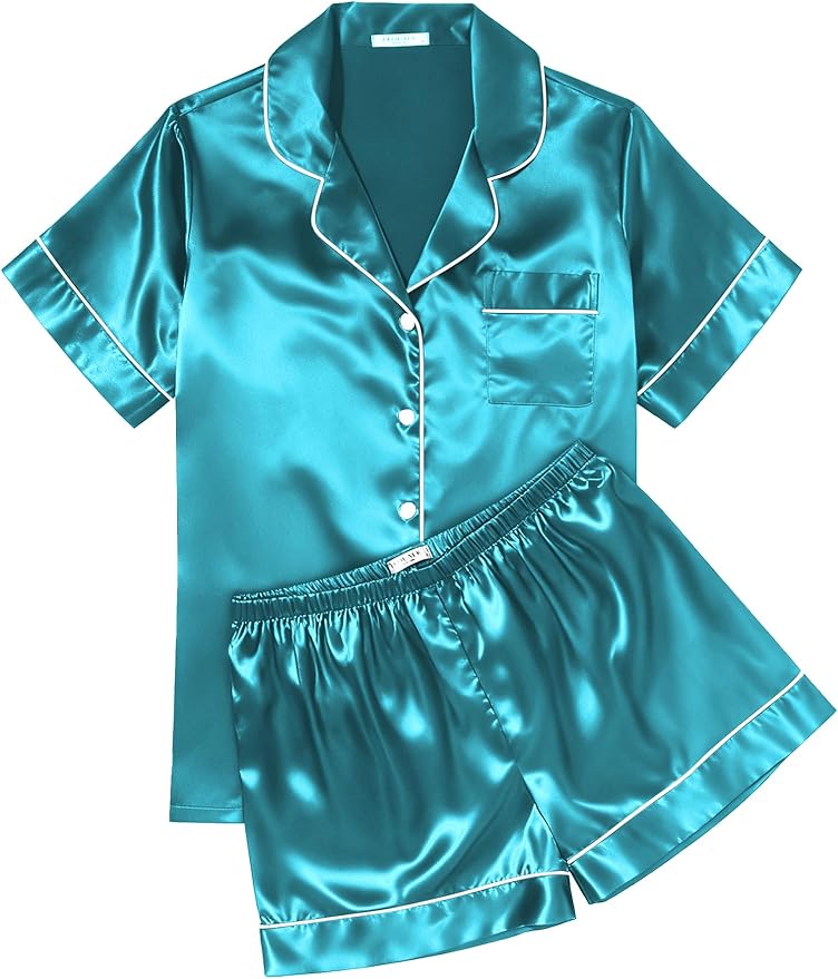 Ekouaer Womens Silk Satin Pajama Sets Soft Short Sleeve Button Down Sleepwear Top and Shorts 2 Piece Pjs Lounge Set