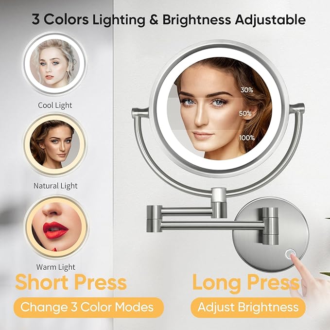 GURUN Wall Mounted Hardwired Makeup Mirror with 3 Dimmable LED Lights 10x Magnifying Mirror for Bathroom Touch Control 13" Extendable Arm Direct Wire Brushed Nickel M1809DN (10x,Nickel)