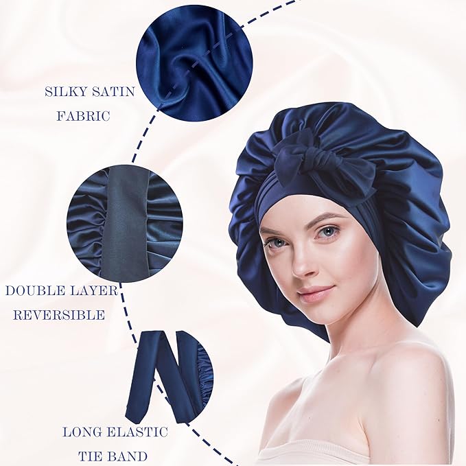 Silk Bonnet for Sleeping Women Satin Bonnet Double Layer Night Sleep Cap with Elastic Tie Band for Curly Natural Hair