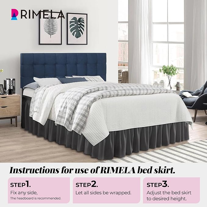 RIMELA Dark Grey Bed Skirt Queen Size 18 Inch Drop, Elastic Bed Skirting for Bed Base and Frame, Bedding Dust Ruffle Easy to Install, Lightweight Wrap Around Adjustable Bedskirt