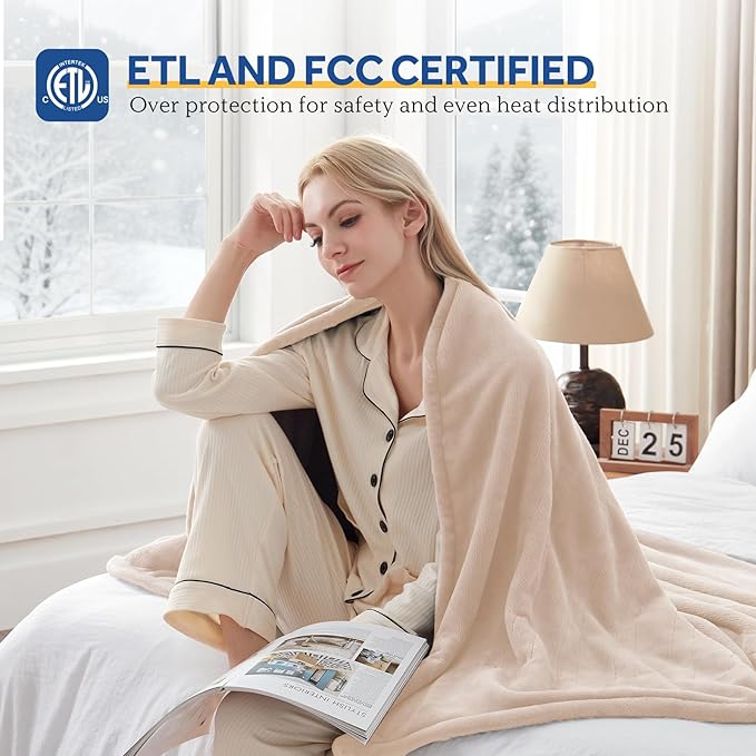 Sealy Heated Blanket Full Size 80"x84", Soft Double Flannel Electric Blanket with 10 Heat Levels & 1-12 Hours Auto Shut Off, Machine Washable, Even Heat Distribution, Beige