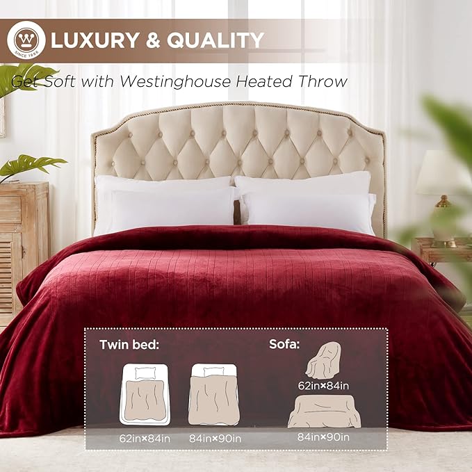Westinghouse King Size Electric Heating Blanket, 10 Levels, Auto Shut Off, Fast Heating, Machine Washable (King, 100x90 Inches, Wine Red)