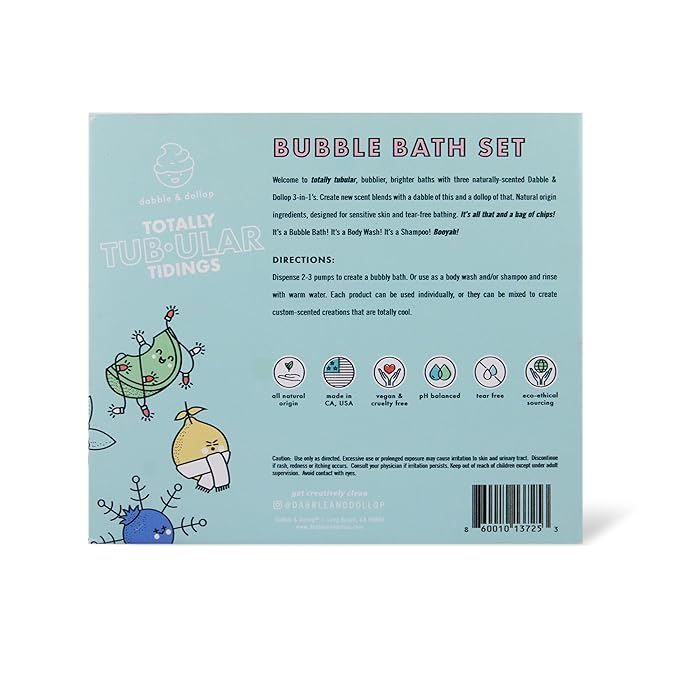 Dabble & Dollop Totally Tub-ular Tidings Bubble Bath Set - Holiday Gift Bundle with Three Mixable 3-in-1s - Bubble Bath Body Wash and Shampoo - Strawberry, Honeydew & Vanilla