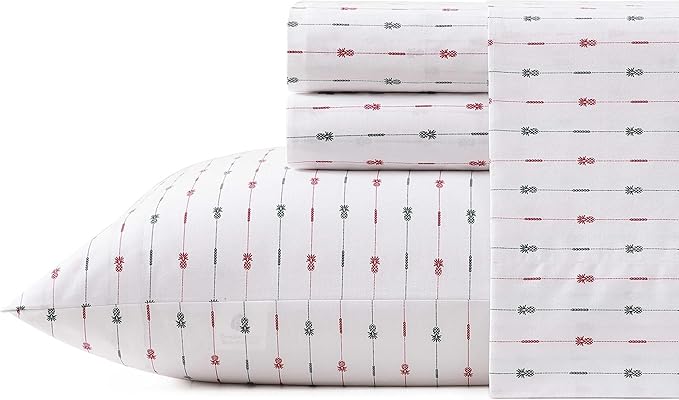 Tommy Bahama - Queen Size Sheet Set, Crisp & Cool Cotton Percale Bedding with a Smooth Lightweight Feel, 4 Piece Holiday Bed Sheets with Matching Pillowcases (Pineapple Pinstripe Red)