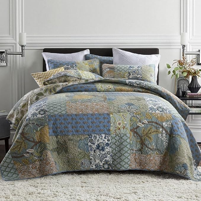 Cotton Bedspread Bedding Coverlet Quilt Sets, Reversible Vintage Branch Floral Bedspread comforters, (Rustic Sage Green Patchwork Pattern, King Size)